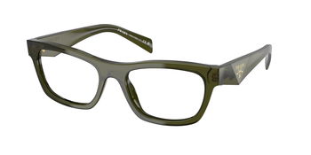 Das Bild zeigt die Prada Brille B01V in Transparent bottle leicht schräg von der Seite.
